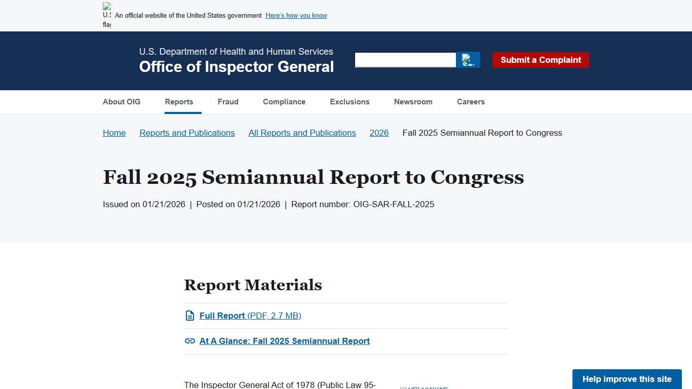 Fall 2025 Semiannual Report to Congress Office of Inspector General Government Oversight U.S. Department of Health and Human Services