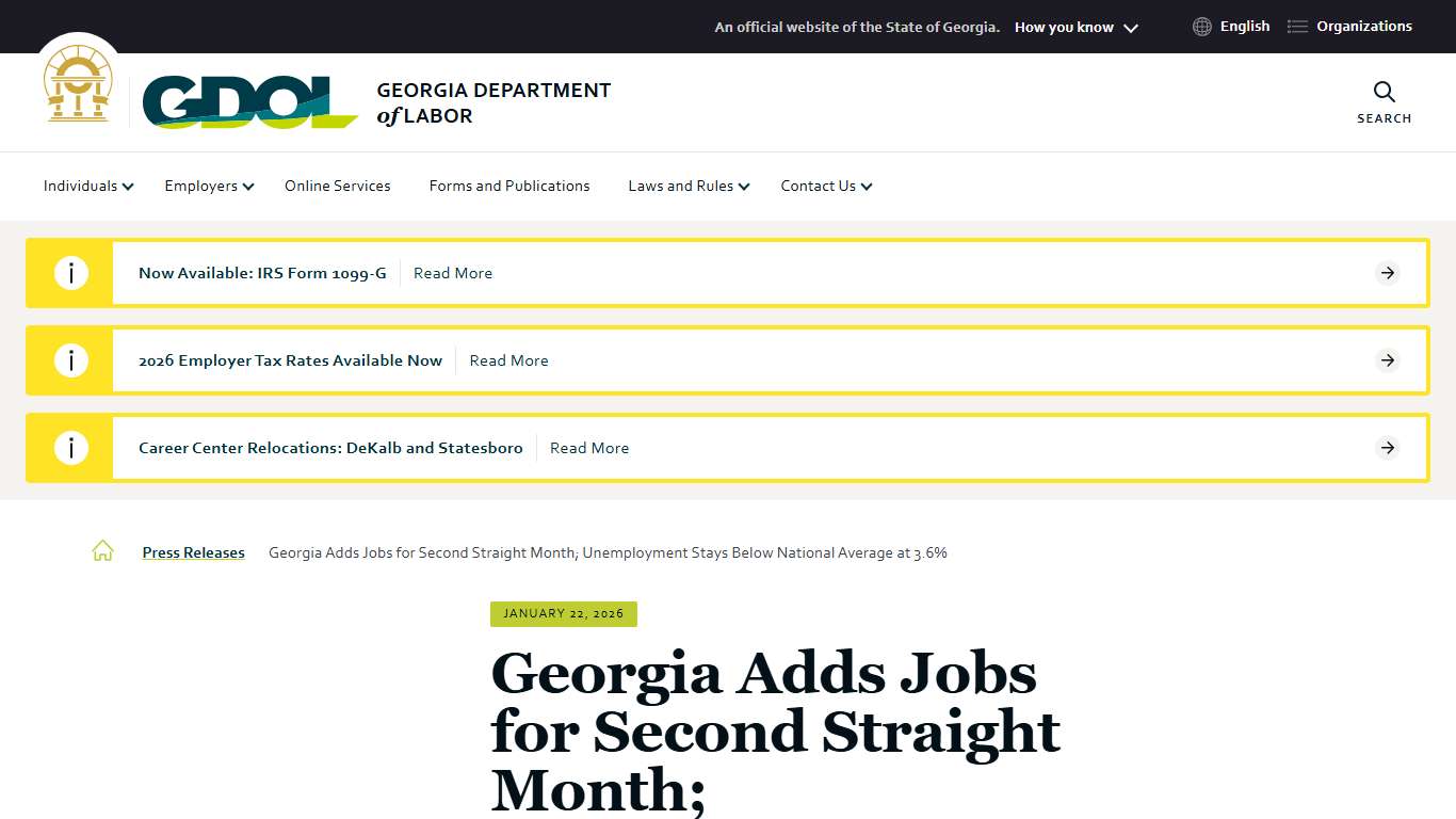 Georgia Adds Jobs for Second Straight Month; Unemployment Stays Below National Average at 3.6% Georgia Department of Labor